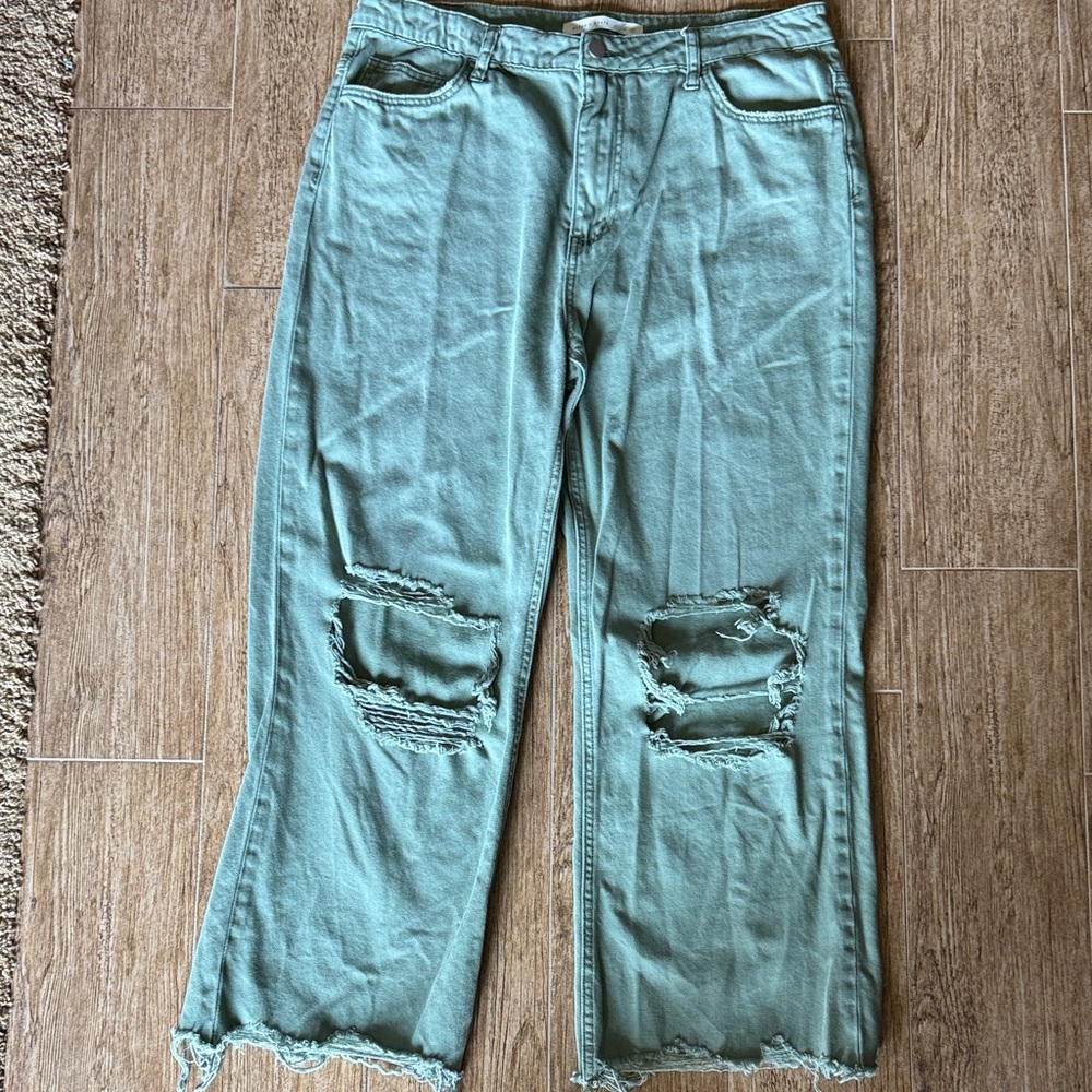 Altar'd State Sage Green Distressed Straight-Leg Jeans